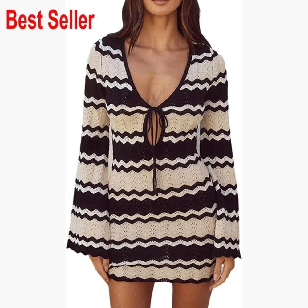 Crochet Knit Cover Up Long Sleeve Deep V Neck Bikini Dress